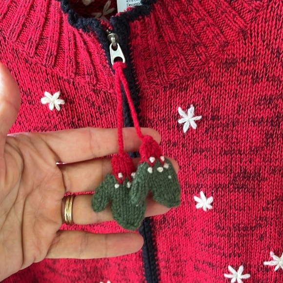 Vtg Coldwater Creek Cotton Ramie Zip Up Winter Themed Cardigan Red Novelty - Picture 5 of 13